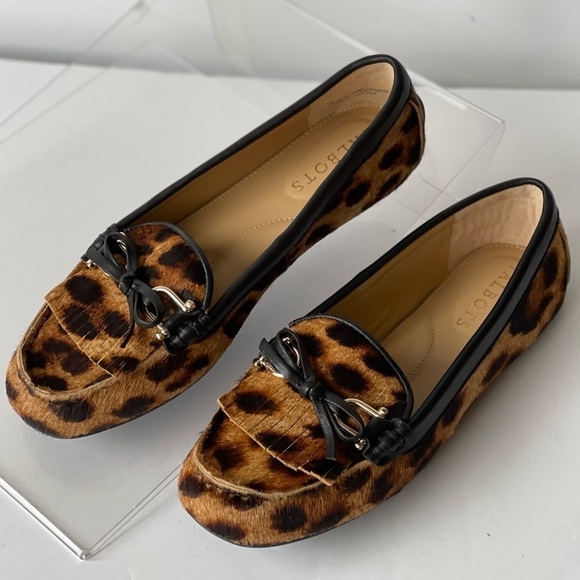 Talbots Leopard Loafer Flats Slip-On Shoes Fur Fringe Tassel Bow, Sz 5M - Picture 6 of 11